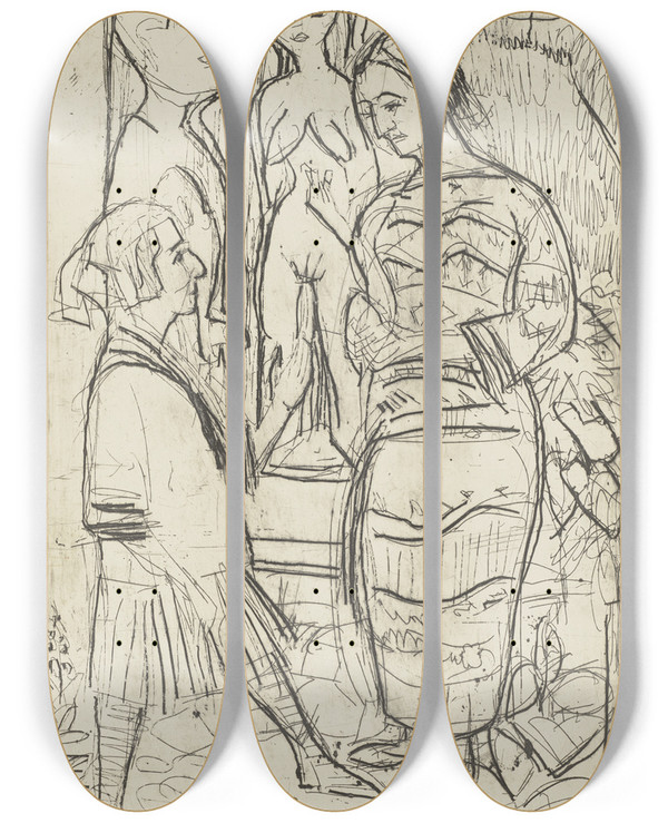 Triptych art skateboard deck of Ernst Ludwig Kirchner Frau Und Mdchen Vor Der Tre by Ernst Ludwig Kirchner (1880-1938)