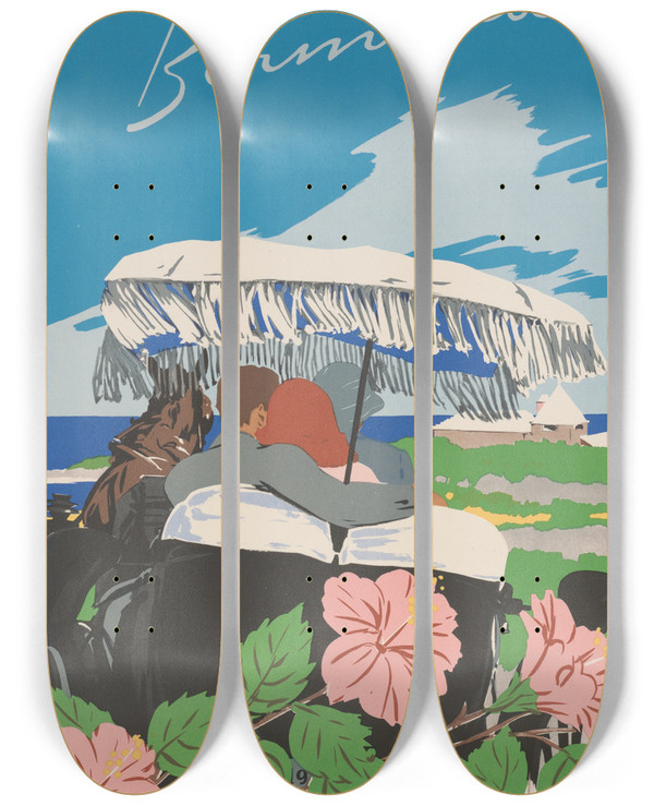 Triptych art skateboard deck of Adolph Treidler Bermuda by Adolph Treidler (1886-1981)