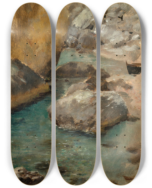 Triptych art skateboard deck of Adolf Hirmyhirschl Italienische Bucht by Adolf Hiremy Hirschl (1860-1933)