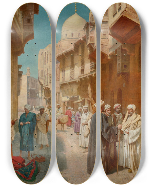 Triptych art skateboard deck of Filippo Bartolini The Carpet Seller_1 by Filippo Bartolini (1861-1908)