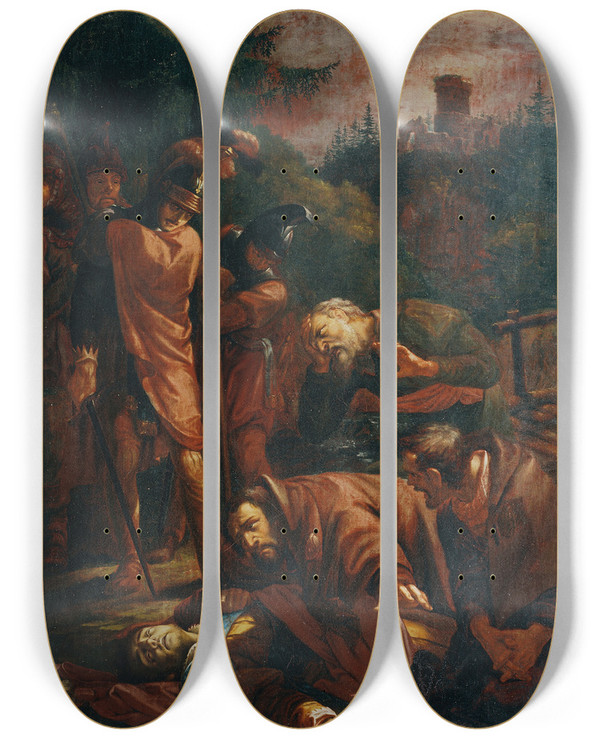 Triptych art skateboard deck of Joseph Von Fhrich Der Tod Des Pfalzgrafen Otto Von Bayern by Joseph Von Fuhrich (1800-1876)