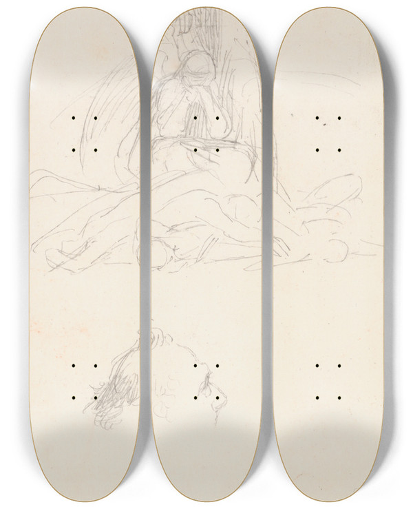 Triptych art skateboard deck of George Frederic Watts Studies Of Death And The Resurrection And A Head Of A Man by George Frederic Watts (1817-1904)