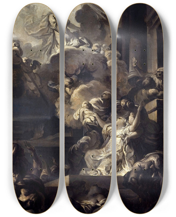 Triptych art skateboard deck of Gabrielfranois Doyen Le Miracle Des Ardents by Gabriel-Franois Doyen (1726-1806)