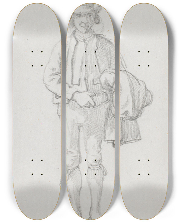 Triptych art skateboard deck of Wilhelm Marstrand Stende Svensk Bondekarl by Wilhelm Marstrand (1810-1873)