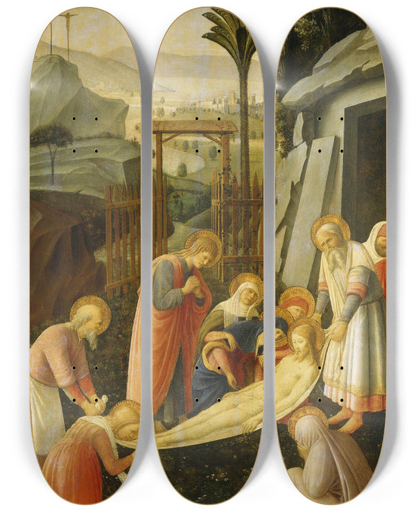 Triptych art skateboard deck of Fra Angelico The Entombment Of Christ by Fra Angelico (1400-1455)