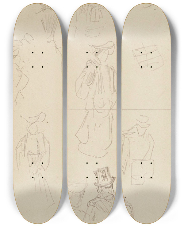 Triptych art skateboard deck of Frdric Houbron Hommes Et Femmes Dans Diffrentes Attitudes by Frederic Houbron (1851-1908)