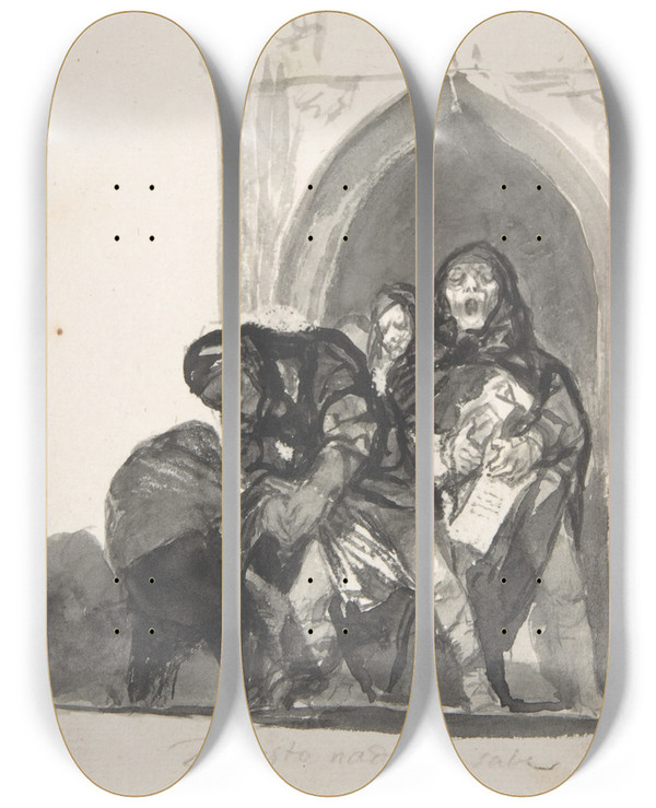 Triptych art skateboard deck of Francisco De Goya Nothing Is Known Of This Two Figures Picking Up A Body In Front Of A Church A Monk Singing Next To Them And Another In The Background by Francisco de Goya (1746-1828)