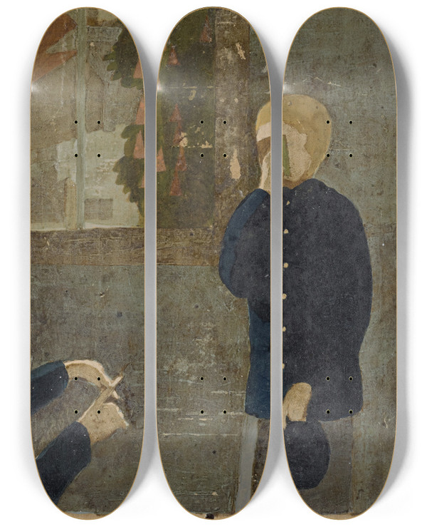 Triptych art skateboard deck of Otto Meyeramden Verhhnung Eines Zglings Im Waisenhaus by Otto Meyer-Amden (1885-1933)
