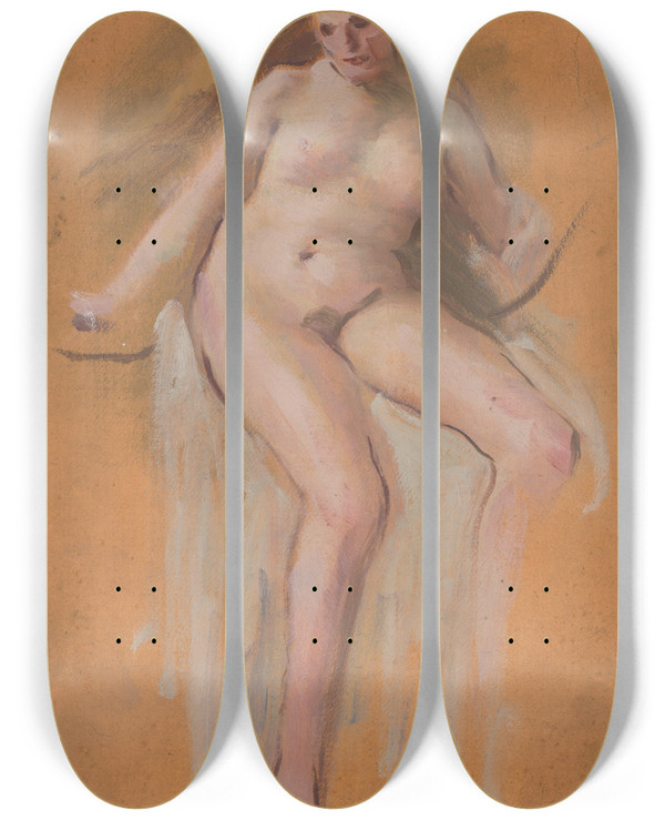 Triptych art skateboard deck of Milan Thomka Mitrovsk Study For The Painting Lady Godiva by Milan Thomka Mitrovsky (1875-1943)