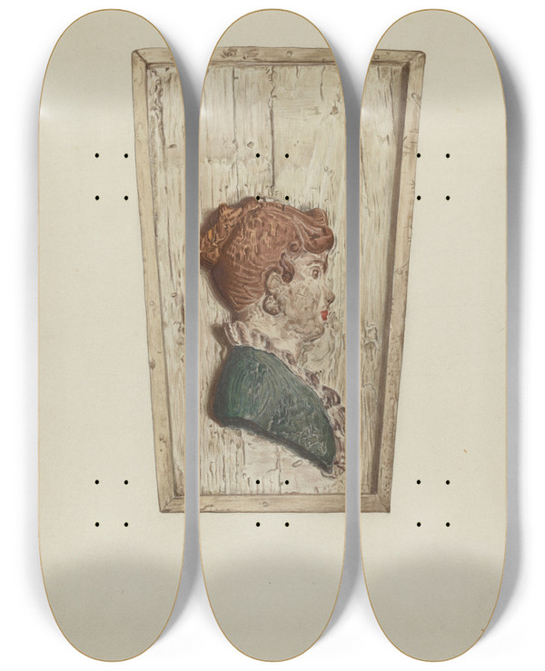 Triptych art skateboard deck of Lucille Chabot Keystone From Ships Woodwork by Lucille Chabot