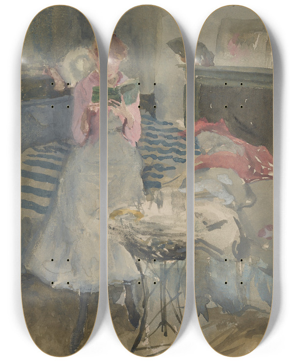 Triptych art skateboard deck of James Abbott Mcneill Whistler Pink Notethe Novelette by James Abbott Mcneill Whistler (1834-1903)