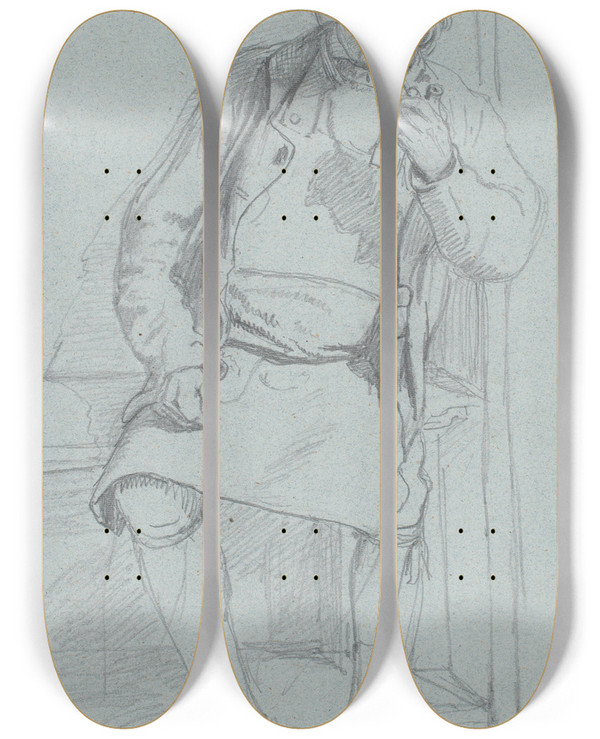 Triptych art skateboard deck of Wilhelm Marstrand Siddende Svensk Bonde Med Skdeskind by Wilhelm Marstrand (1810-1873)