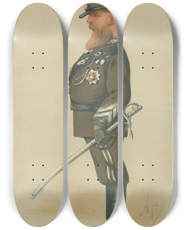 Triptych art skateboard deck of Carlo Pellegrini Military And Navy The Auxillary Forces Viscount Bury May 1 1875 by Carlo Pellegrini (1839-1889)