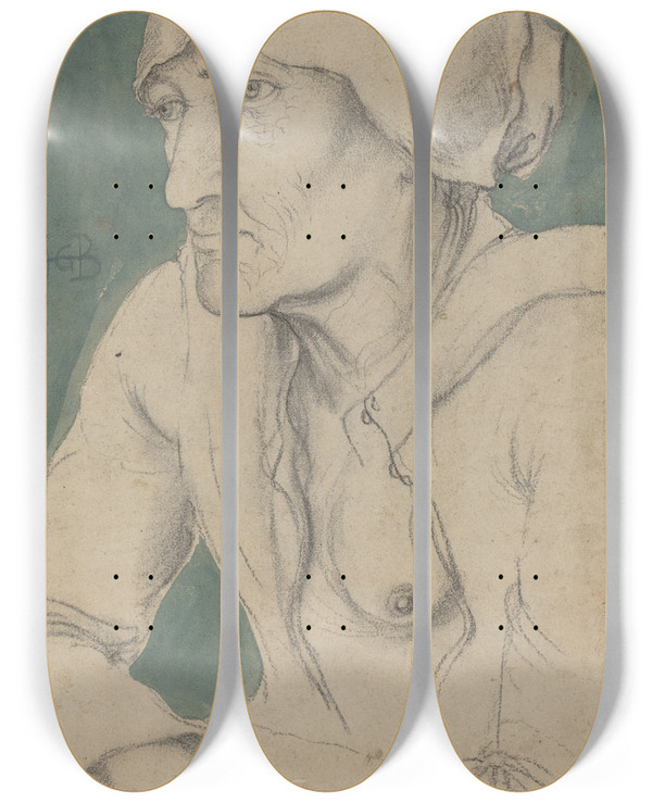 Triptych art skateboard deck of Hans Baldung Halffigure Of An Old Woman With A Cap by Hans Baldung (1484-1545)