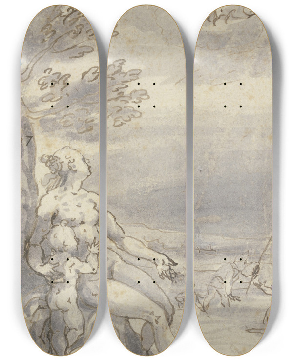 Triptych art skateboard deck of Bartholomaeus Spranger Lykische Bauern Von Zeus Auf Bitte Der Leto In Frsche Verwandelt by Bartholomaeus Spranger (1546-1611)