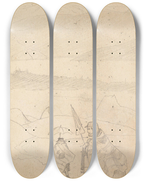 Triptych art skateboard deck of Hans Gude To Mannsfigurer I Fjellet by Hans Gude (1825-1903)