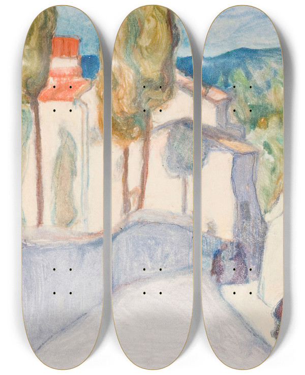 Triptych art skateboard deck of Pekka Halonen Florence Viale Dei Colli by Pekka Halonen (1865-1933)