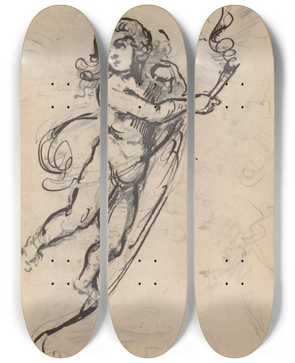 Triptych art skateboard deck of Stanisaw Wyspiaski Sketch Of Putto With Torch In Hand by Stanislaw Wyspianski (1869-1907)
