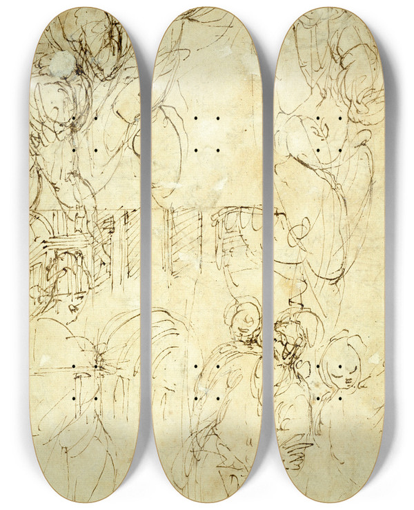 Triptych art skateboard deck of Battista Franco Sketches Of Figures by Battista Franco (1510-1561)