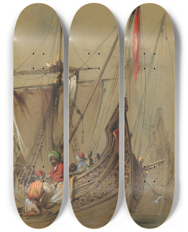 Triptych art skateboard deck of Amadeo Preziosi Turkish Gemi Ships by Amadeo Preziosi (1816-1882)