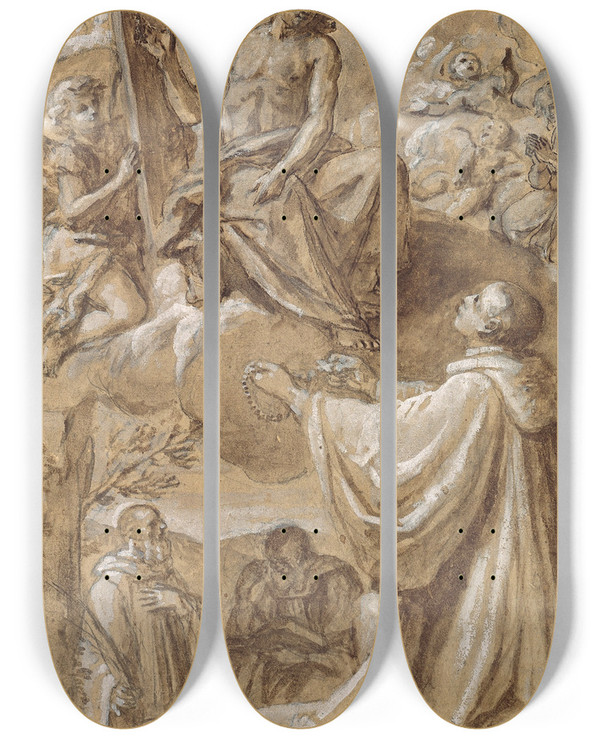 Triptych art skateboard deck of Marco Benefial Christ Appears To Blessed Michael Of Camaldoli by Marco Benefial (1684-1764)
