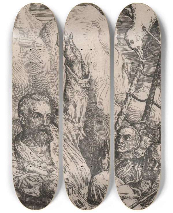 Triptych art skateboard deck of William Strang Shooting The Albatross by William Strang (1859-1921)