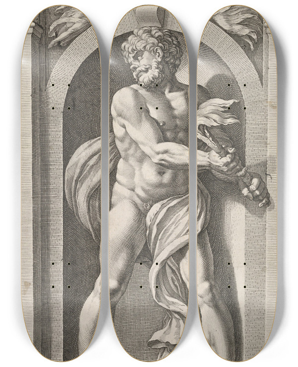 Triptych art skateboard deck of Hendrick Goltzius Pluto_2 by Hendrick Goltzius (1558-1617)
