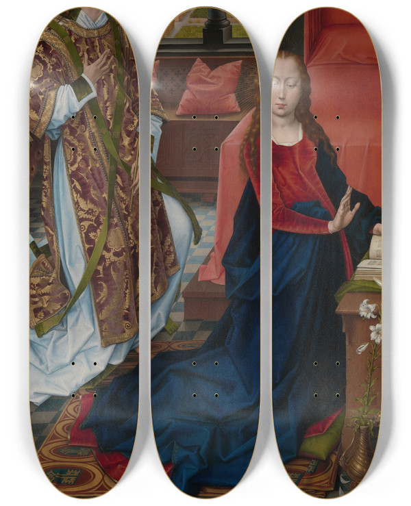 Triptych art skateboard deck of Hans Memling The Annunciation_2 by Hans Memling (1430-1494)