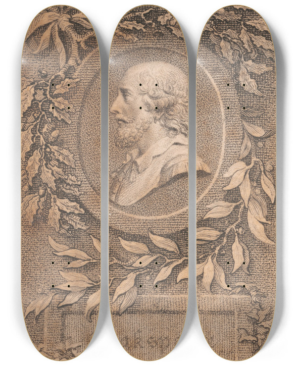 Triptych art skateboard deck of Richard Corbould Shakspeare by Richard Corbould (1757-1831)