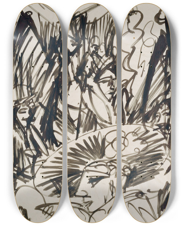 Triptych art skateboard deck of Ernst Ludwig Kirchner Cafinterieur by Ernst Ludwig Kirchner (1880-1938)