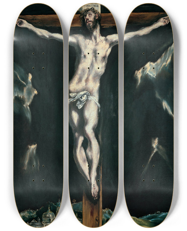 Triptych art skateboard deck of El Greco Domenikos Theotokopoulos Christ Crucified With Toledo In The Background by El Greco Domenikos Theotokopoulos (1540-1614)