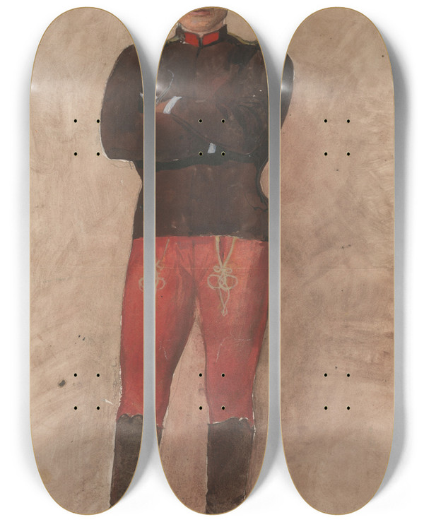 Triptych art skateboard deck of Ladislav Mednynszky Standing Soldier With Folded Arms by Ladislav Mednyanszky (1852-1919)