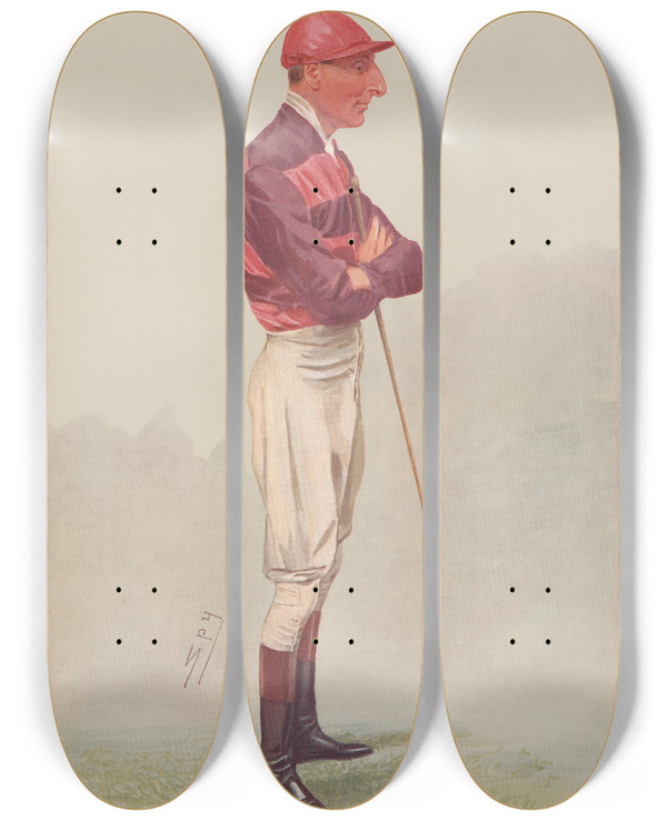 Triptych art skateboard deck of Leslie Matthew Ward Jockeys Mr George Mr George James Thursby December 18 1907 by Leslie Matthew Ward (1851-1922)