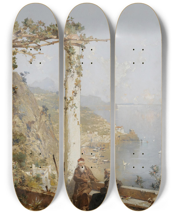 Triptych art skateboard deck of Franz Richard Unterberger Amalfi Above The Bay Of Naples by Franz Richard Unterberger (1838-1902)