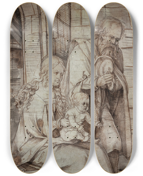 Triptych art skateboard deck of Hans Von Kulmbach Heilige Familie Linker Teil Einer Anbetung Der Knige by Hans Von Kulmbach (1480-1522)
