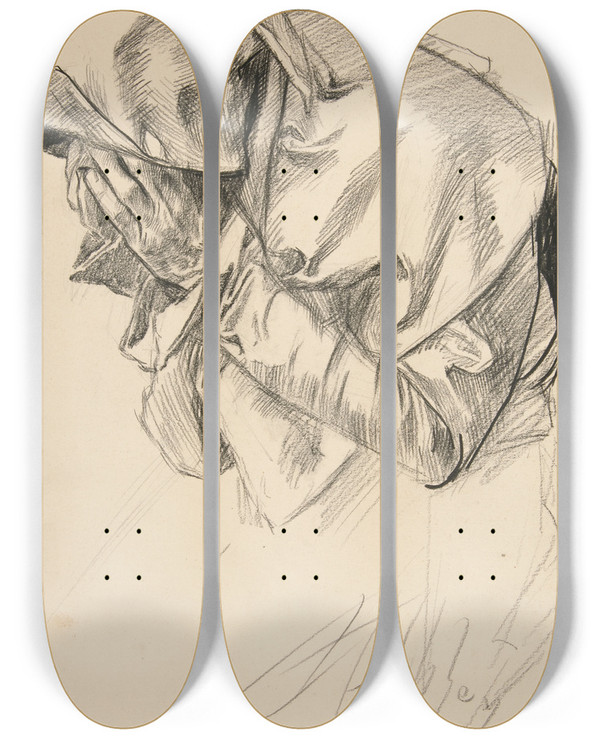 Triptych art skateboard deck of Edwin Austin Abbey Study Of A Robed Figure Crying For The Quest Of The Holy Grail Mural Series At Boston Publiclibrary by Edwin Austin Abbey (1852-1911)