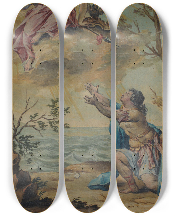 Triptych art skateboard deck of Rienk Keyert Mentor Neemt Afscheid Van Telemachus by Rienk Keyert (1709-1775)