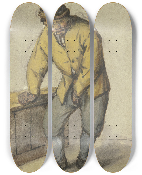 Triptych art skateboard deck of Adriaen Van Ostade Stehender Bauer Von Vorn Seine Hose Aufknpfend by Adriaen Van Ostade (1610-1684)