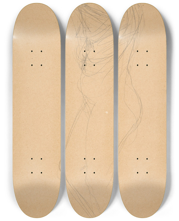 Triptych art skateboard deck of Auguste Rodin Figure Disrobing by Auguste Rodin (1840-1917)