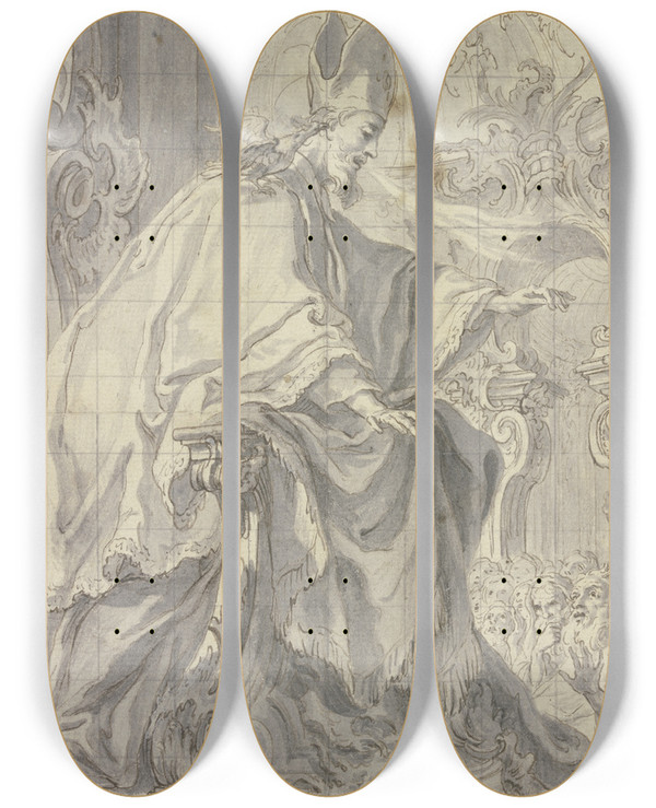 Triptych art skateboard deck of Gottfried Bernhard Gz Der Heilige Basilius Predigt Von Einer Links Vorne Stehenden Kanzel Zu Einer Volksmenge by Gottfried Bernhard Goz