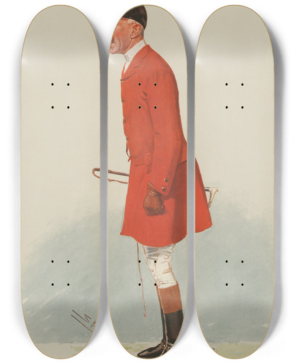 Triptych art skateboard deck of Leslie Matthew Ward Fox Hunters Cottesmore Mr Evan Hanbury 5 December 1906 by Leslie Matthew Ward (1851-1922)