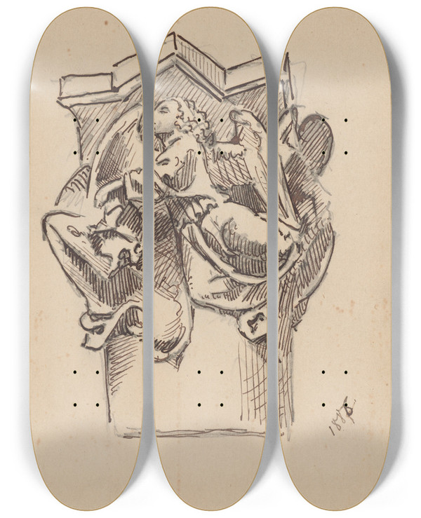 Triptych art skateboard deck of Stanisaw Wyspiaski Drawing Of The Capital At The Tomb Of Casimir Iv Jagiellon By Veit Stoss In The Witokrzyska Chapel Of The Krakow Cathedral by Stanislaw Wyspianski (1869-1907)