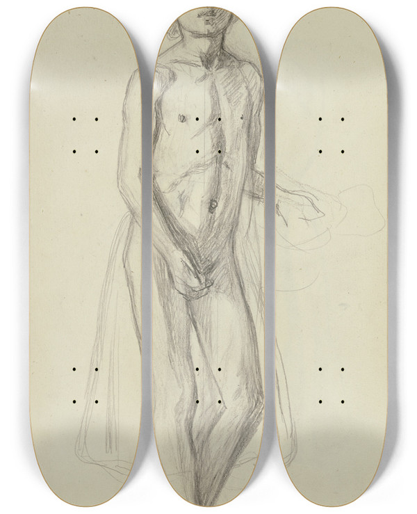 Triptych art skateboard deck of Jakob Becker Die Taubenftterin Als Jnglingsakt by Jakob Becker (1810-1872)