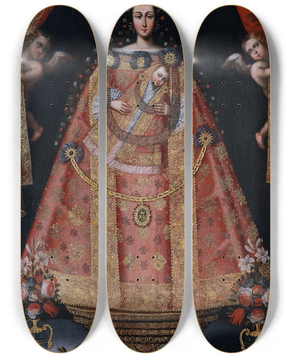Triptych art skateboard deck of Cuzco School Virgin Of Bethlehem by Cuzco School