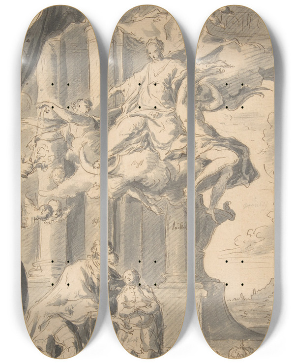 Triptych art skateboard deck of Franz Xavier Karl Palko Saint Stephen Of Hungary Presenting His Son Saint Emeric To The Virgin by Franz Xavier Karl Palko (1724-1767)