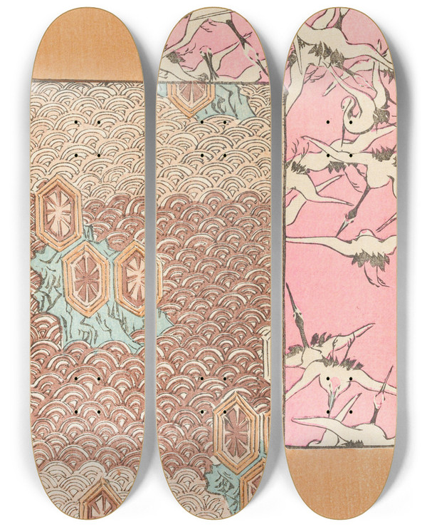 Triptych art skateboard deck of Nakayasu Shinzabur Shin Zuan Pl07 by Nakayasu Shinzaburo (1892)