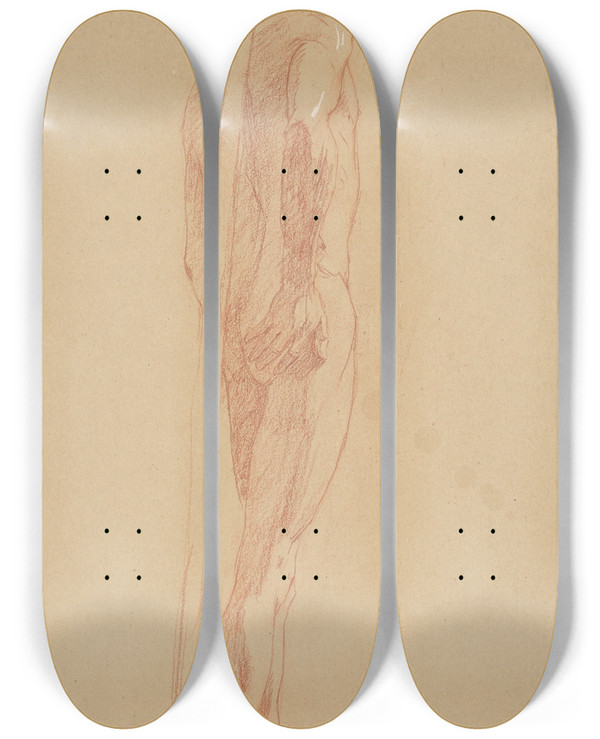 Triptych art skateboard deck of Jozef Hanula Study Of The Male Nude_1 by Jozef Hanula (1863-1944)