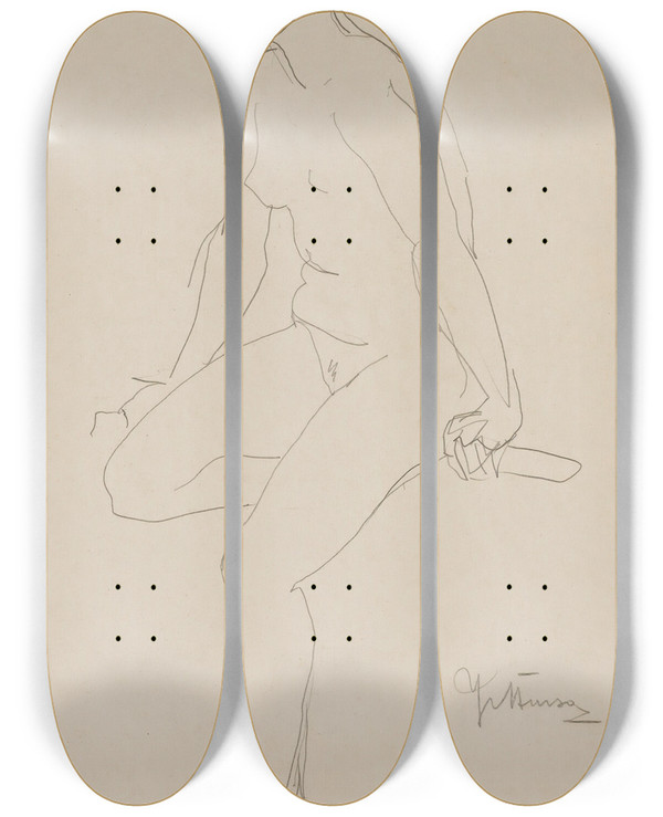Triptych art skateboard deck of Jan Tursa Seated Nude by Jan Stursa (1880-1925)