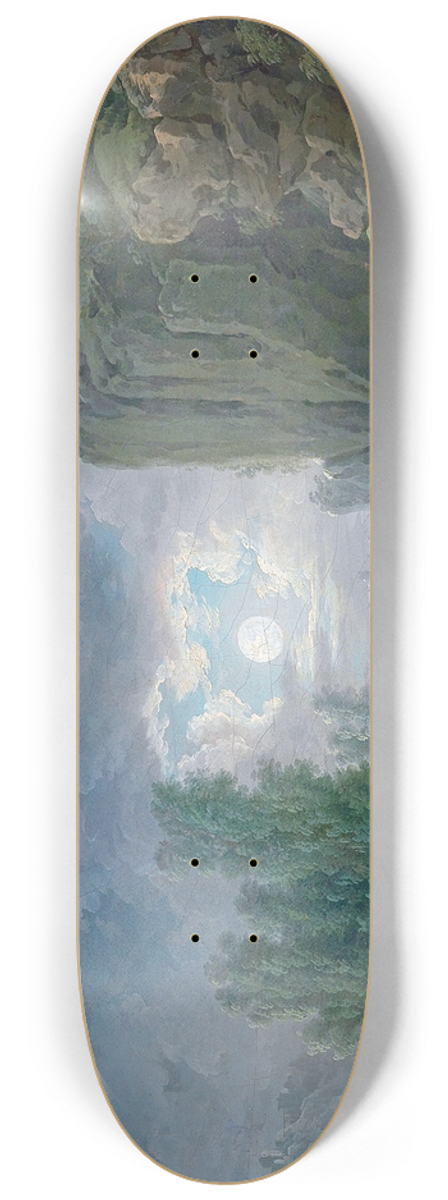 Francesco Fidanza - A moonlit river landscape with fishermen working by torchlight, the Temple of Vesta in the right background 8.25 inch art skate deck