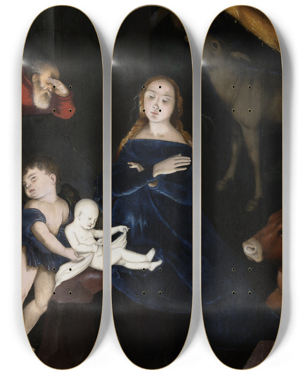 Triptych art skateboard deck of Hans Baldung The Nativity_2 by Hans Baldung (1484-1545)